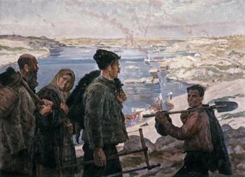 Erbauer des Dnepr-Wasserkraftwerks 1937 von K. Trokhimenko, Sozialistischer Realismus